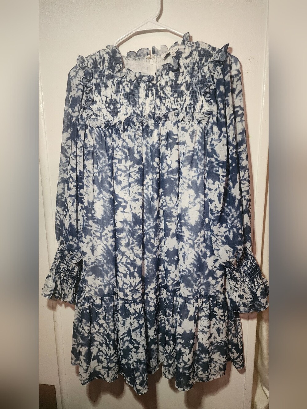 moodie Navy and White Tie-Dye Smocked Dress